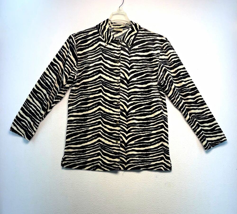 TEDDI Black/White soft Zebra Print Button-Up Collared Top L/XL Vintage retro
